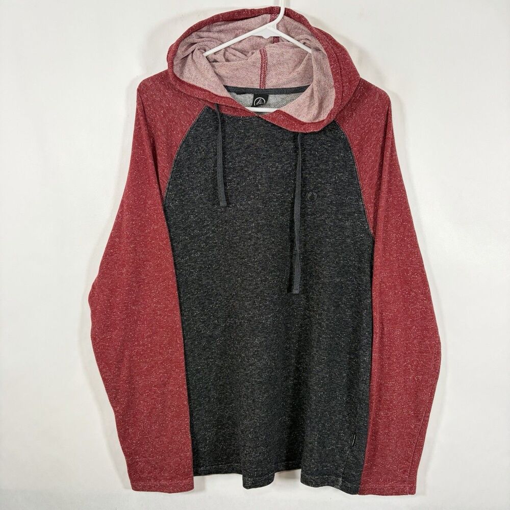 Volcom Lightweight Raglan Hoodie Mens Size Large Red Gray Embroidered Stone Logo